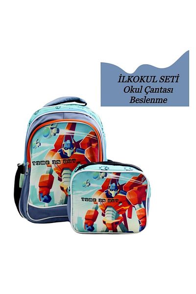 Sentor 3 Compartment Primary School School Backpack and Lunch Box Robot Gray