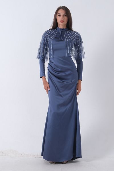 Feminist Indigo Hijab Evening Dress - Mobile Collar with Shawl Ayrobin Attachment6502477