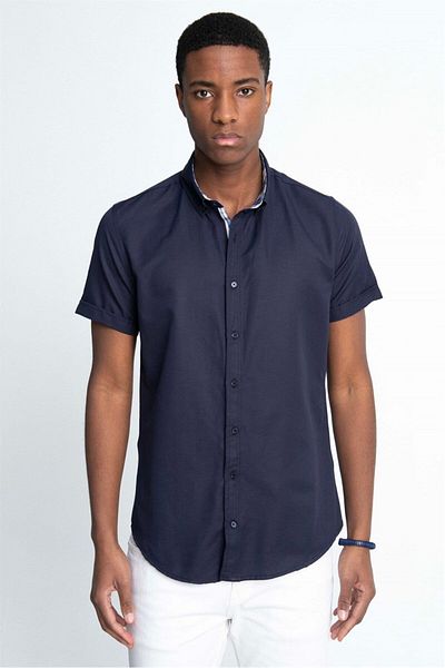 Tudors Μπλε Navy Slim Fit Oxford βαμβακερό πουκάμισο - κοντό μανίκι, γιακάς με κουμπιά