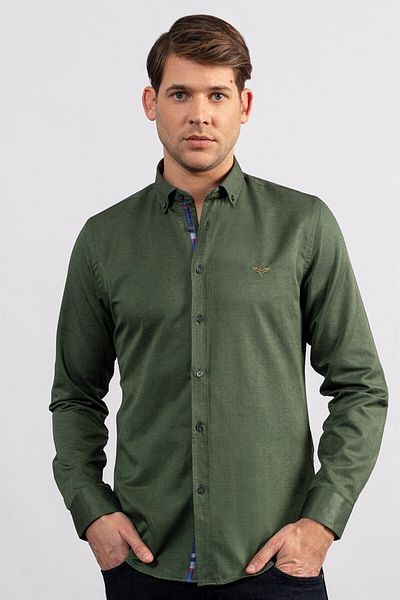Tudors Ανδρικό μπλουζάκι Oxford Cotton Slim Fit - Μακρυμάνικο, Πράσινο Γιακά με Κουμπί, Εύκολο σιδέρωμα