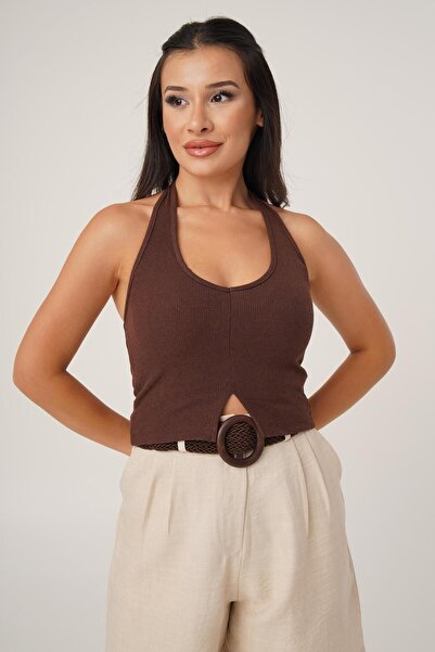 Hipo Trend Coffee Color Basic Crop Μπλούζα - Κρεμαστό λαιμό