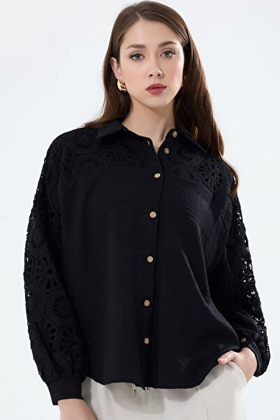 MissKybele Omzu ve Kolları Güpür Dantelli Uzun Balon Kollu Rahat Kesim Düğme ...