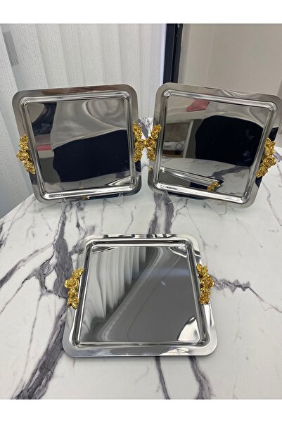 Mira züccaciye Lüx Kare 3'Lü kalın Kulplu Gümüş Kaplama  Model çay,kahve,ikram servis Sunum Tepsisi 21x21 cm