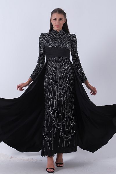 Feminist Black Hijab Evening Dress - With Glitter Embroidery and Sash Detail6502465