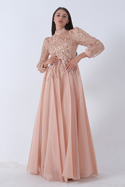 Feminist Üzeri Pul Boncuk İşlemeli Tesettür Abiye Gold 6502450