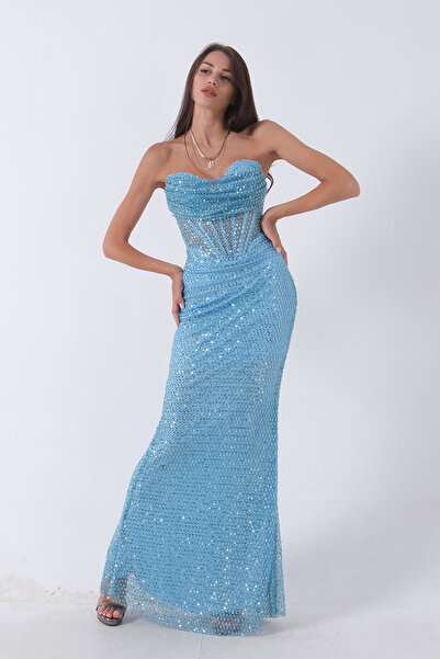 Feminist Μπλε στράπλες παγιέτες με πέτρα κεντημένο βραδινό φόρεμα ψαριού - 9705304