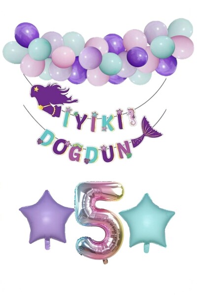 Parti Furyası Deniz Kızı Konsept Balon Seti 5 yaş Parti Doğum Günü Konsept Pa...