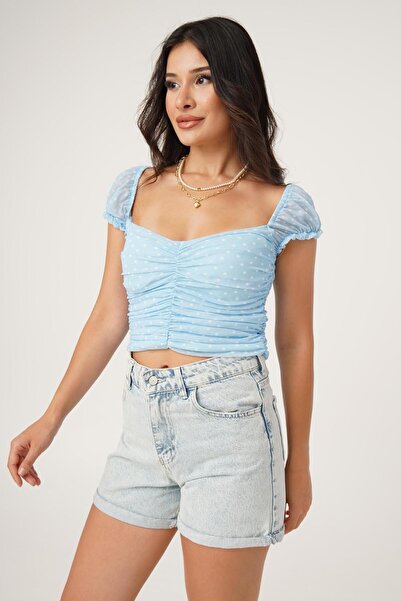 Hipo Trend Tül Detaylı Drapeli Puantiye Desen Mavi Bluz