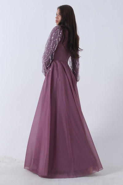 Feminist Lavender Hijab Evening Dress - Sequin Bead Embroidered, Model6502450