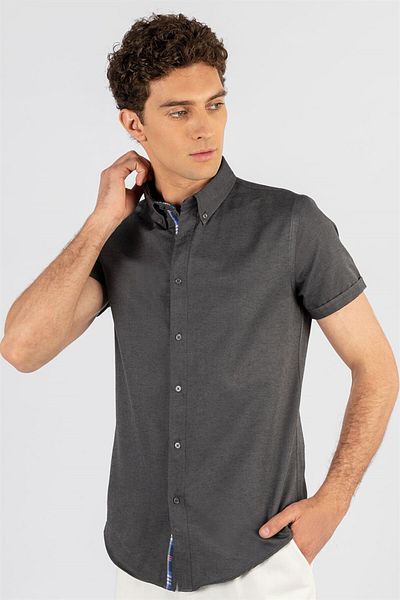 Tudors Men's Gray Oxford Slim Fit Shirt - Easy Iron, Short Sleeve, Buttoned Collar