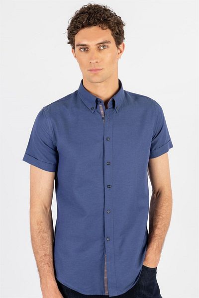 Tudors Ανδρικό πουκάμισο Indigo Slim Fit - Βαμβακερό Oxford, γιακά με κουμπί, κοντό μανίκι