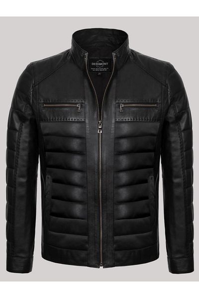 Derimont's Genuine Leather Black Men's Leather Coat Back Embroidered Leather Jacket