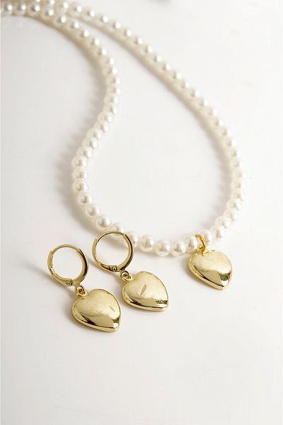 EUROMODA Gold and Silver Pearl Heart Design Necklace and Earring Suit Set