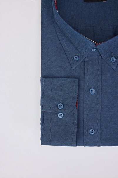 Tudors Erkek Big Size Büyük Beden Uzun Kollu Pamuklu Oxford Doku Tek Cepli Indigo Düğmeli Yaka Gömlek