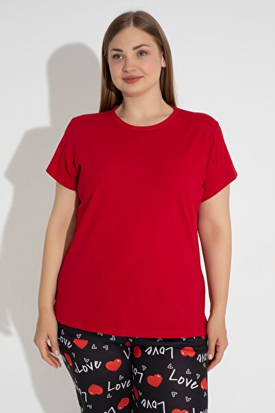 MyBen Plus Size Red Love Printed Comfortable Capri Pajamas Set - Short Sleeve 30003