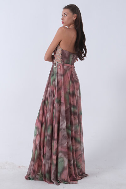 Feminist Patterned Strapless Silver Evening Dress - Powder9705310