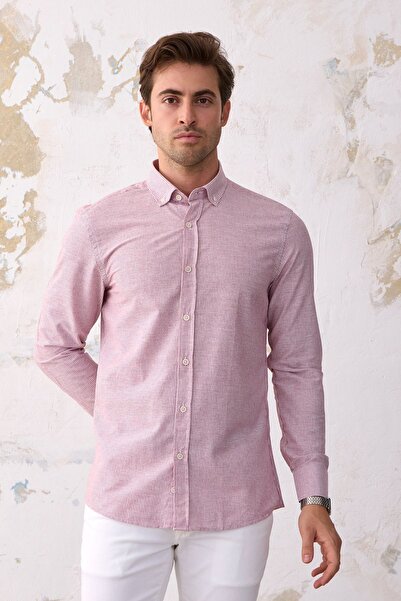 RAVANELLI Giza Men's - Red-White Striped Slim Fit Linen Look Cotton Shirt