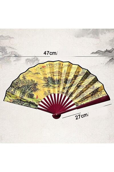 Attariye Büyük Boy Bambu Ahşap Gövde Yelpaze 27 Cm Çin Desenli Katlanabilir Hediyelik Şık Kaliteli Kumaş Lüks