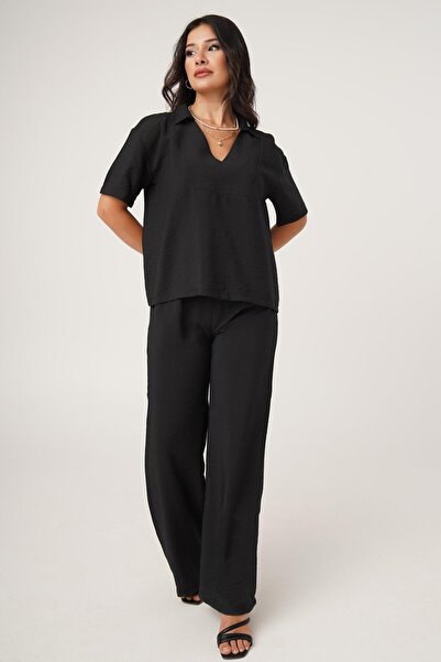 Hipo Trend Set bluză și pantaloni negru cu decolteu în V cu mâneci scurte