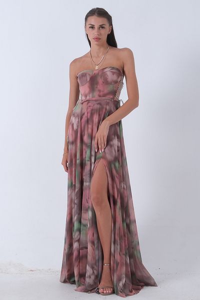 Feminist Patterned Strapless Silver Evening Dress - Powder9705310