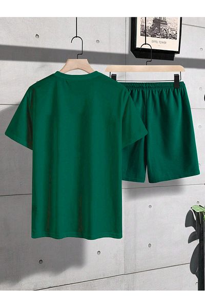 DUBU BUTİK Green Oversize Printed New York Striped T-Shirt and Shorts Set - Crew Neck