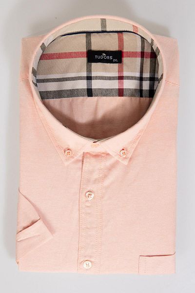 Tudors Men's Plus Size Cotton Oxford Shirt - Short Sleeve, Single Pocket, Salmon Color, Button Collar