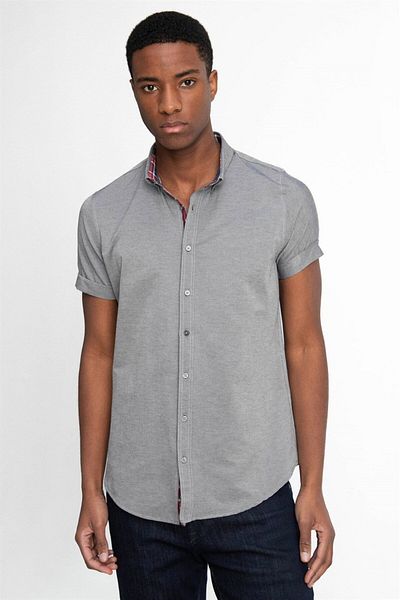 Tudors Ανδρικό γκρι μπλουζάκι Oxford Slim Fit - Εύκολο σιδερένιο, κοντό μανίκι, γιακάς με κουμπιά