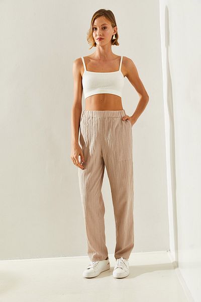 Bianco Lucci Linen Textured Women's Trousers - Large Pocket, Elastic Waist,60251292