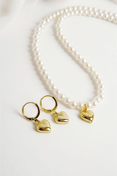 EUROMODA Gold and Silver Pearl Heart Design Necklace and Earring Suit Set