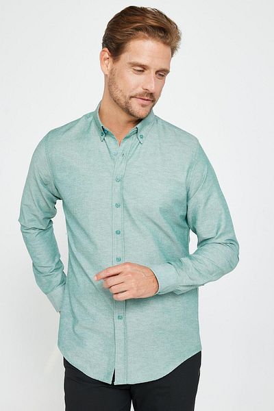 Tudors Ανδρικό μπλουζάκι Oxford Cotton Slim Fit - Μακρυμάνικο, Πράσινο Γιακά με Κουμπί, Εύκολο σιδέρωμα