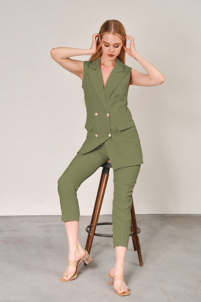 diaves Haki Blazer Yelek Boru Paça Pantolon Atlas Kumaş Takım Elbise