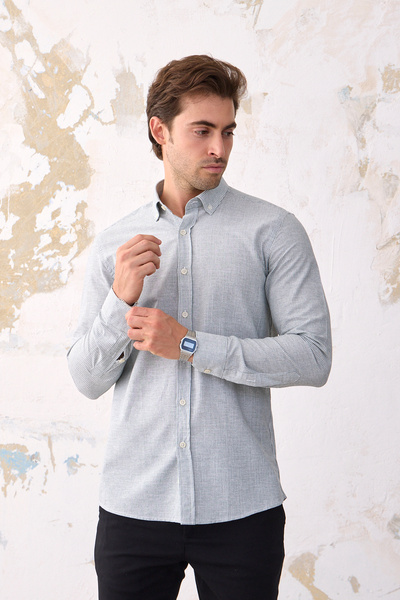 RAVANELLI Ανδρικό πουκάμισο Giza ριγέ λεπτή εφαρμογή - Χακί-λευκό, λινό βαμβακερό, γιακάς με κουμπιά