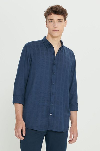 AC&Co / Altınyıldız Classics Ανδρικό πουκάμισο Navy Blue Slim Fit - Βαμβακερό, Τετράγωνο σχέδιο, Κλασικός γιακάς