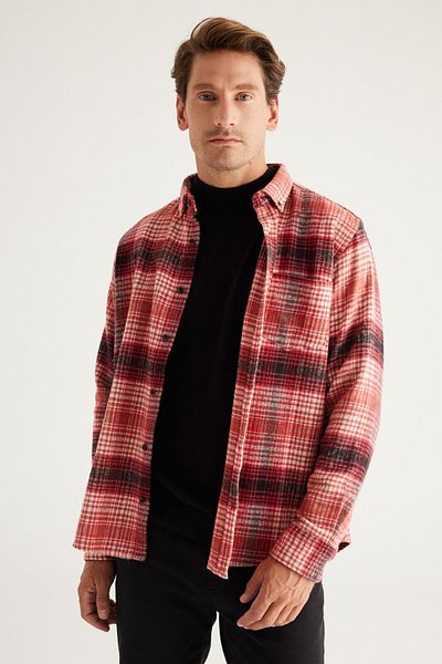ALTINYILDIZ CLASSICS Men's Red-black Comfort Fit Relaxed Cut Button Collar Plaid Patterned Flannel Shirt