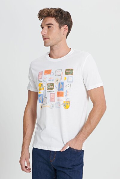 AC&Co / Altınyıldız Classics Erkek Ekru Standart Fit Normal Kesim %100 Pamuk Baskılı Bisiklet Yaka Tişört