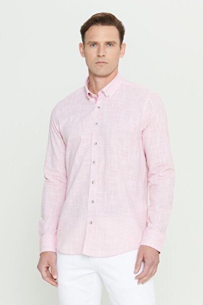 ALTINYILDIZ CLASSICS Men's Claret Red Slim Fit Narrow Cut Button Collar Linen Look 100% Cotton Flared Shirt