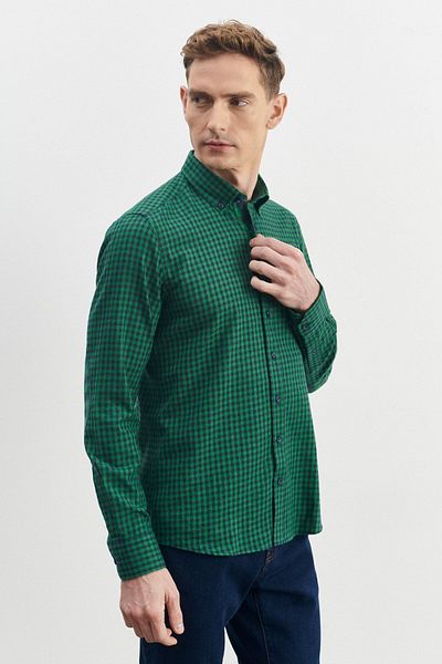 ALTINYILDIZ CLASSICS Férfi zöld-tengerkék karcsú, keskeny vágású gombos gallér Gingham flanel favágó ing