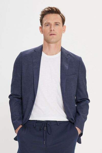 ALTINYILDIZ CLASSICS Erkek Lacivert Slim Fit Dar Kesim Mono Yaka Armürlü Blazer Ceket