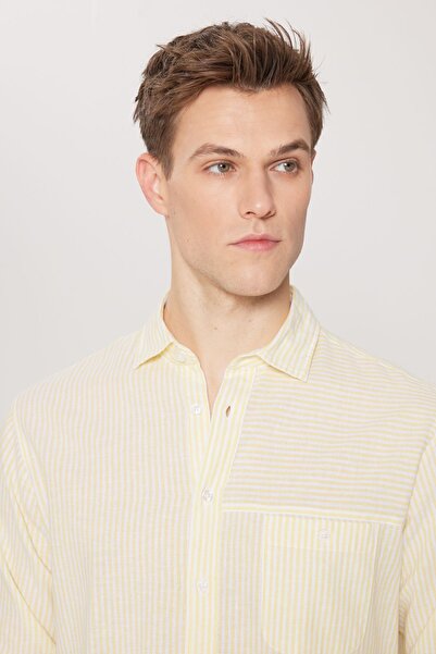 AC&Co / Altınyıldız Classics Erkek Sarı-beyaz Keten Comfort Fit Rahat Kesim Klasik Yaka Çizgili Gömlek