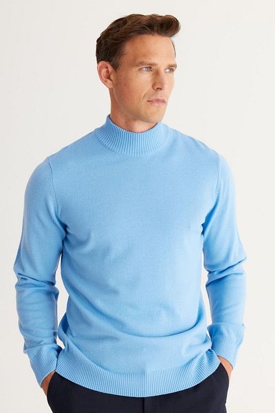 ALTINYILDIZ CLASSICS Hellblauer Strickpullover für Herren – pillingfrei, Standard-Passform, halber Rollkragen