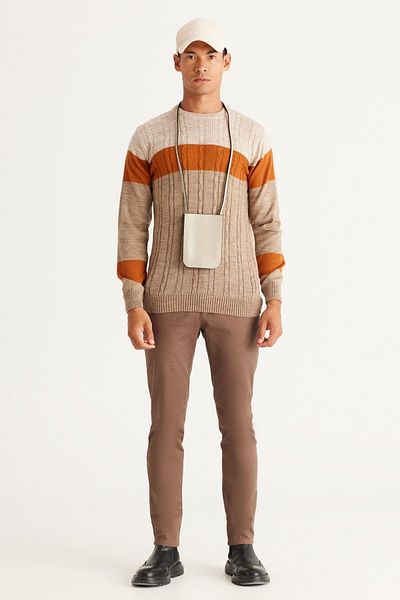 AC&Co / Altınyıldız Classics Πλεκτό πουλόβερ ανδρικό μπεζ-βιζόν Standard Fit Normal Cut Crew Neck Colorblok με σχέδια
