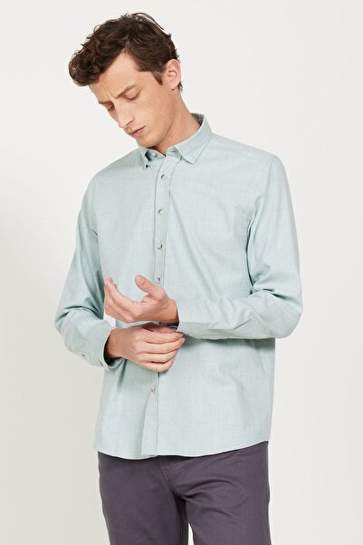 AC&Co / Altınyıldız Classics Light Green Slim Fit Flannel Lumberjack Shirt - Slim Fit, Buttoned Collar