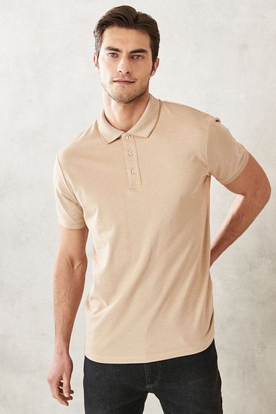 AC&Co / Altınyıldız Classics Ανδρικό μπλουζάκι με γιακά polo - Βαμβακερό που δεν συρρικνώνεται, λεπτή εφαρμογή, ανοιχτό μπεζ-λευκό, χωρίς μπούκλες
