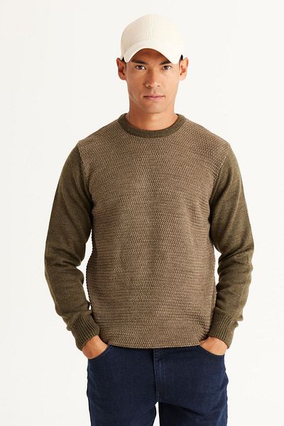 AC&Co / Altınyıldız Classics Khaki-beiger Standard-Passform-Strickpullover mit Rundhalsausschnitt und Wabenmuster für Herren