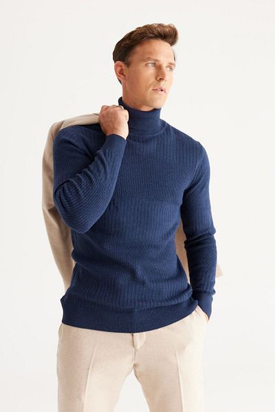 AC&Co / Altınyıldız Classics Ανδρικό πλεκτό πουλόβερ Indigo Standard με κανονικό κόψιμο με πλήρες ζιβάγκο από βαμβάκι ζακάρ