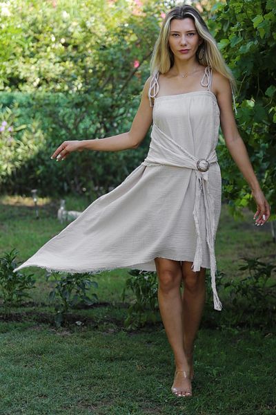 Chiccy Μπεζ ασύμμετρο υφαντό βαμβακερό φόρεμα - με λουράκι και πόρπη που πλένεται