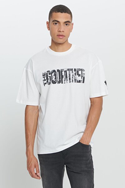 AC&Co / Altınyıldız Classics Λευκό 'The Godfather' με άδεια - 100% βαμβακερό φαρδύ μπλουζάκι με στάμπα