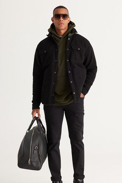 AC&Co / Altınyıldız Classics Herren-Fleecejacke in Schwarz-Khaki, Standard-Passform, normaler Schnitt, Hemdkragen und Tasche