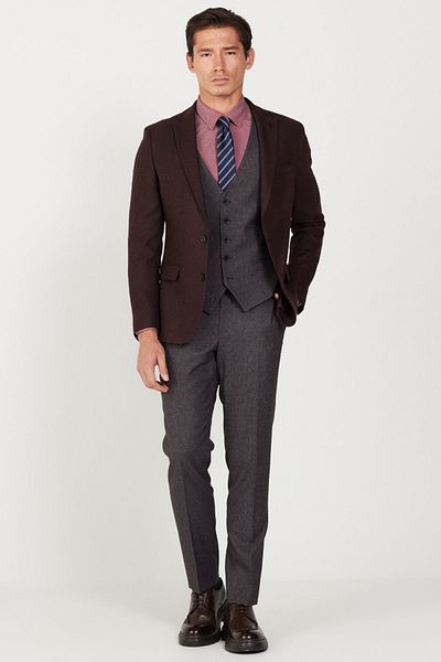 ALTINYILDIZ CLASSICS Men's Burgundy-Gray Wool Slim Fit Slim Fit Mono Collar Print Vest Suit