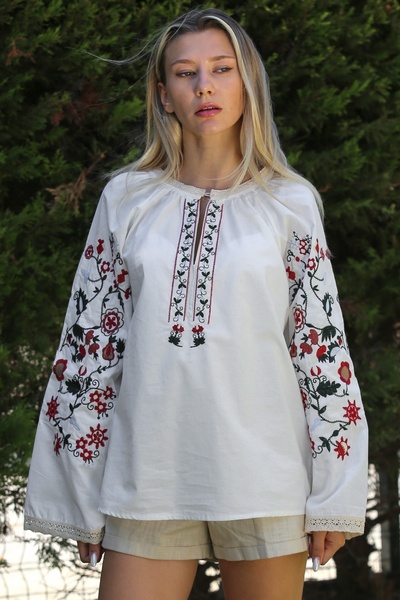 Chiccy White Long Sleeve Casual Blouse with Embroidery Detail - Placket Collar